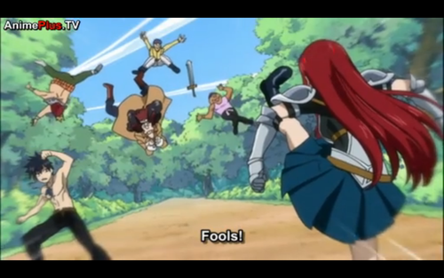  erza kicking the guys who want gray .