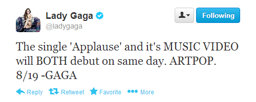  Gaga Announces 'APPLAUSE' 音乐 Video Release 日期