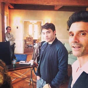  Westwick with Frank Grillo on set of A Conspiracy on Jekyll Island in New Buffalo, MI