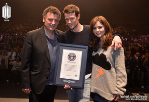  Steven Moffat, Matt Smith and Jenna Coleman accepting the guinness World Record