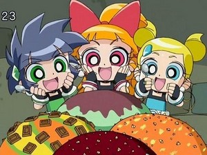 The Powerpuff Girls about to chow down on very big helpings of ice cream