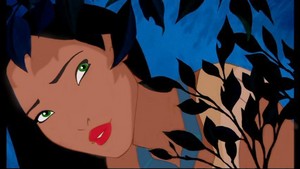Pocahontas with green eyes, red lips, lighter skin and black eyebrows.