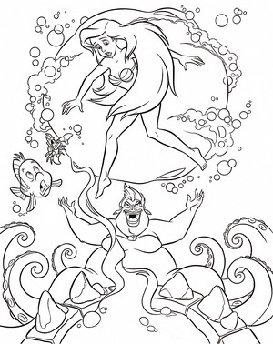  Walt Disney Coloring Pages - Flounder, Sebastian, Princess Ariel & Ursula