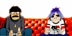  2-D & Murdoc playing video games