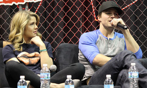  Stephen Amell and Emily Bett Rickards at the ऐरो panel at Walker Stalker Con, March 16th, 2014.