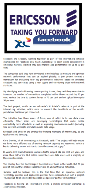  Ericsson, フェイスブック optimise app coverage on Indonesia's XL network