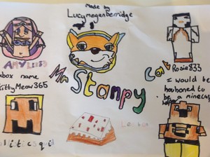  Lucy has made a picture of stampy and his 마인크래프트 helpers