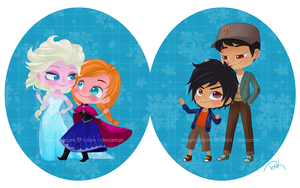  Elsa and Anna with Hiro and Tadashi