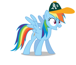 Rainbow Dash wearing an Oakland Athletics cap
