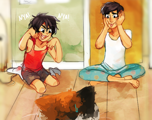  Hiro and Tadashi playing with Mochi