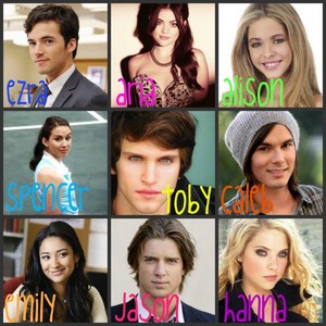  Ezra, Aria, Alison, Spencer, Toby, Caleb, Emily, Jason, and Hanna Marin