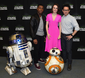 R2D2 BB-8 John Boyega Daisy Ridley and JJ Abrams at The Star Wars Celebration