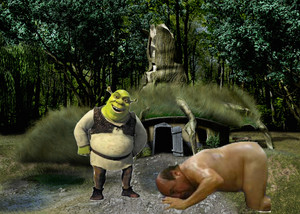 A loyal Shrek follower bowing down to the Ogrelord at his swamp