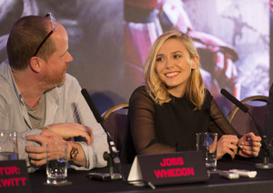  Elizabeth Olsen and Joss Whedon at the Avengers: Age of Ultron UK Press Conference