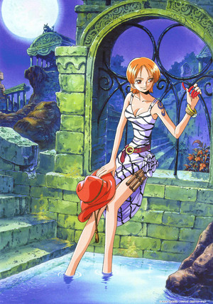  Nami standing in water holding a hat