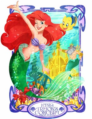  Walt Disney peminat Art - Princess Ariel, Sebastian, menggelepar, flounder & King Triton