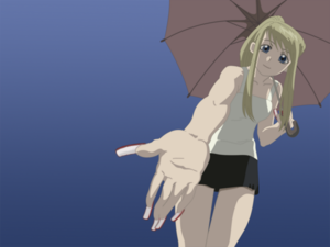  Winry reaching out with her hand while holding an umbrella