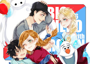  Elsa, Anna and Olaf with Hiro, Tadashi and Baymax