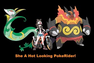  It's Hilda and her bike along with her two Pokemon Serperior and Emboar