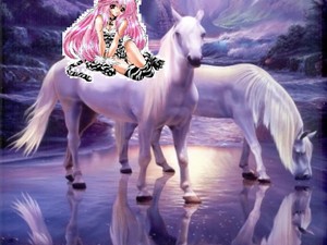 catgirl with her beautiful white stallions