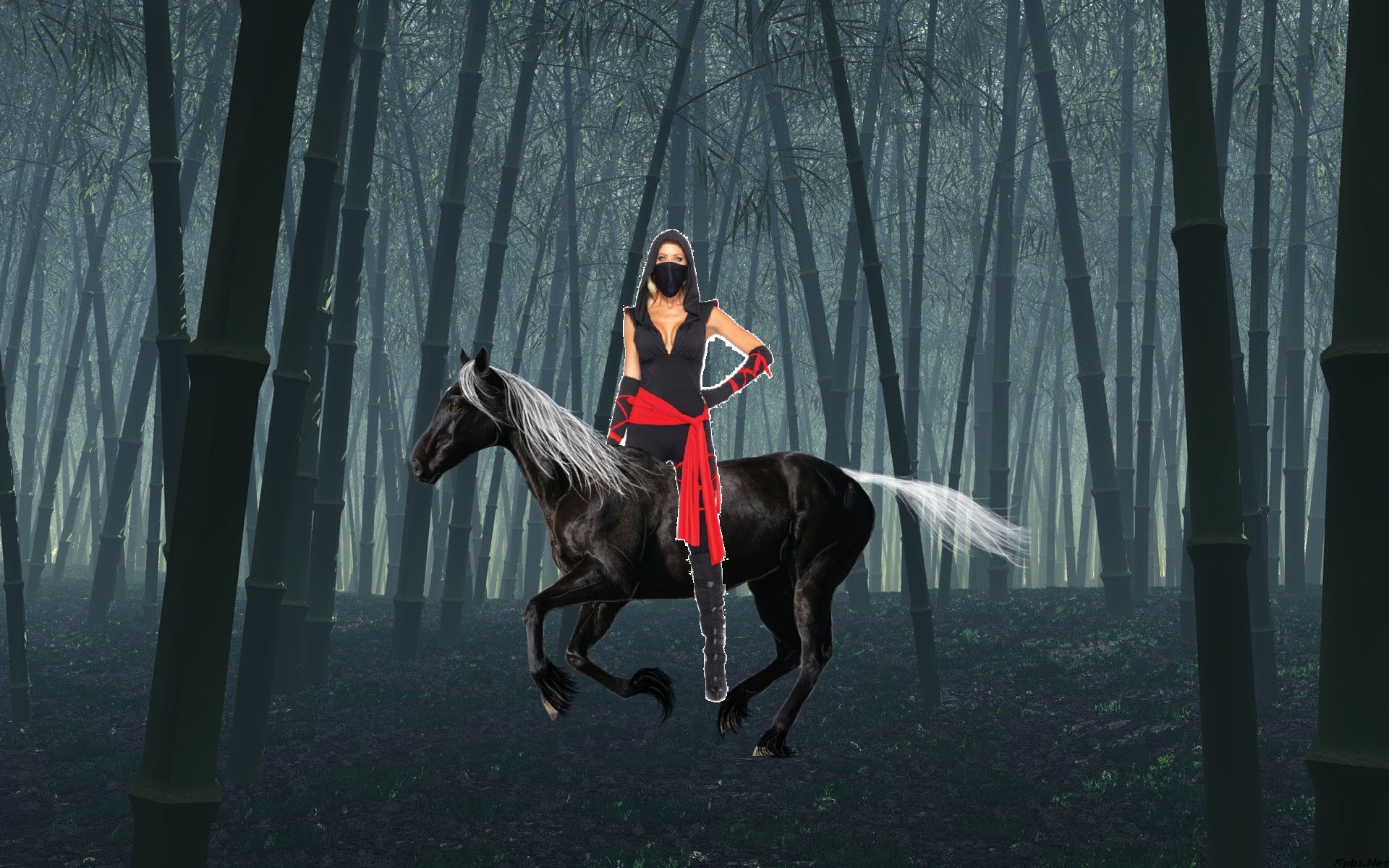 A Hot Kunoichi riding her beautiful black steed at night
