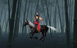  A Hot Kunoichi riding her beautiful black chiến mã, nhốt, steed at night