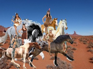 A group of Strongly Skilled Native American Women work together to capture a White Stallion
