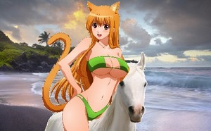  An Cute Sexy Catgirl riding her Beautiful White Horse on the bờ biển, bãi biển