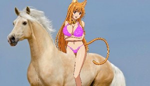  Cute Sexy Catgirl Eris riding on her Beautiful palomino Horse