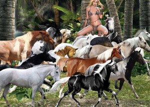 Jungle Girl Shanna riding through the jungle while herding her beautiful horses