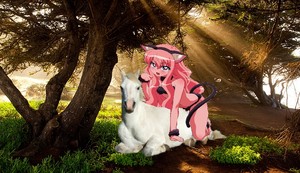  Louise wearing as a catgirl while in a woods with her beautiful white horse