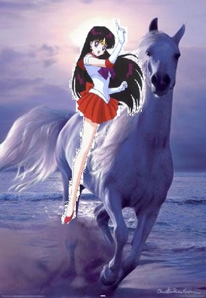  Sailor Mars riding her beautiful white घोड़ा