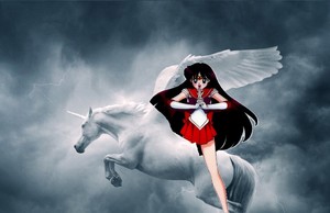  Sailor Mars riding on her beautiful flying unicorn