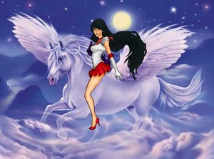  Sailor Mars riding on her beautiful white pegasus corcel, steed