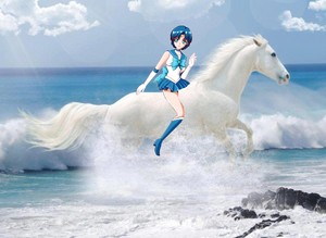  Sailor Mercury rides on her Beautiful White घोड़ा