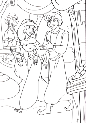  Walt Disney Coloring Pages - Princess hoa nhài & Prince Aladdin và cây đèn thần