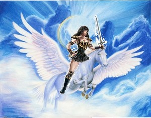  Xena rides on an white pegasus