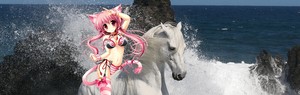 a cute catgirl rides on her beautiful white stallion