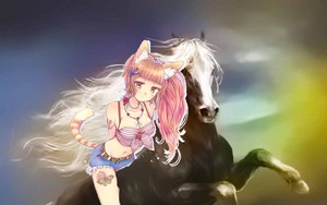 a cute sexy catgirl riding on her beautiful black horse