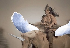  アマゾン warrior riding an winged unicorn
