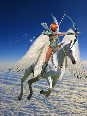  アマゾン warrior woman riding on an beautiful pegasus