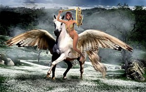 amazonas, amazon woman riding her majestic pegasus