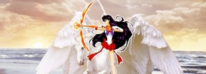  sailor mars wielding her bow and Arrow while riding on her beautiful pegasus ross