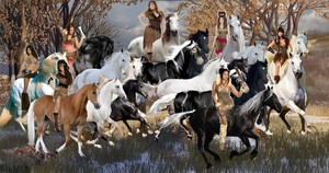 Hot Sexy Cavewomen chasing down a Herd of Beautiful Wild Лошади