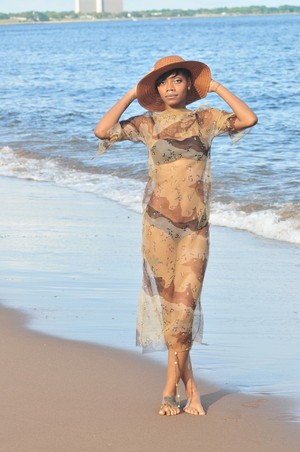  Noneillah ‪Photo Shoot‬ with model Taji wearing Noneillah's Army Brown Print Fishnet dress.