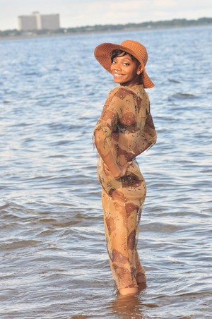  Noneillah ‪Photo Shoot‬ with model Taji wearing Noneillah's Army Brown Print Fishnet dress
