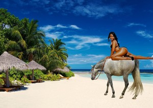 Sexy Black Woman riding her Beautiful Horse on a Beach