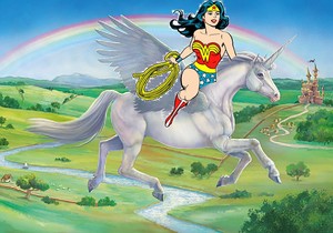  Wonder Woman riding her Beautiful Winged Unicorn