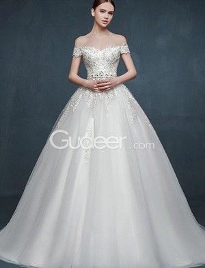  a line stunning off the shoulder corset ren tulle wedding dress 1