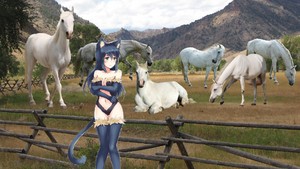 A Cute Sexy Catgirl hang out on her ranch with her Beautiful White Horses